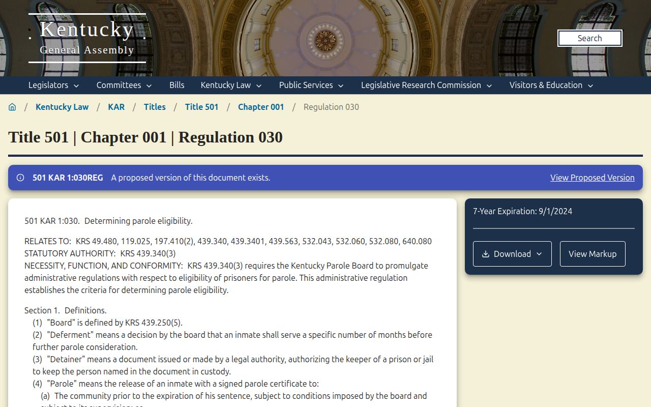 Kentucky parole regulation affecting Christian County projected release dates