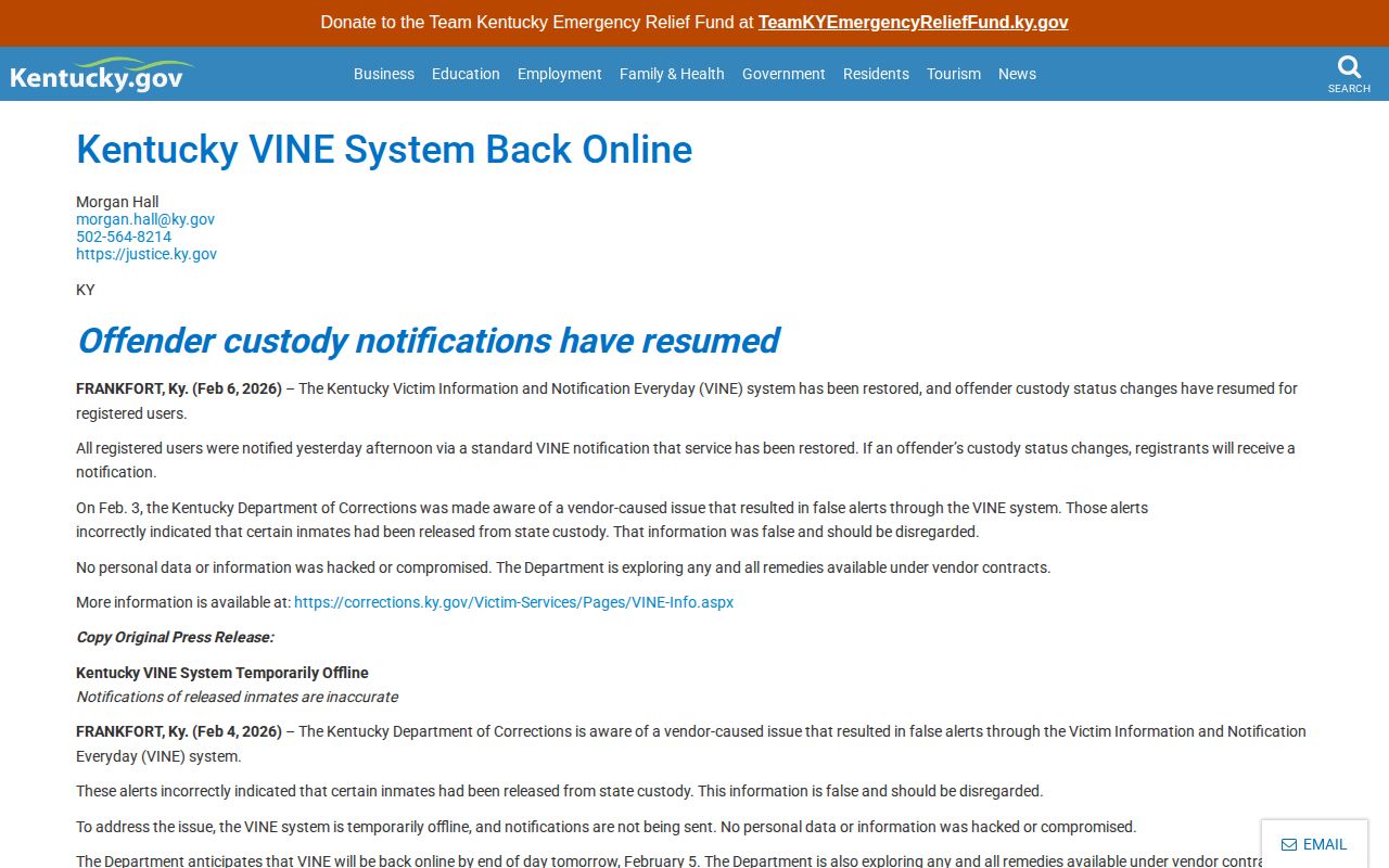Kentucky VINE restoration notice for Christian County release verification