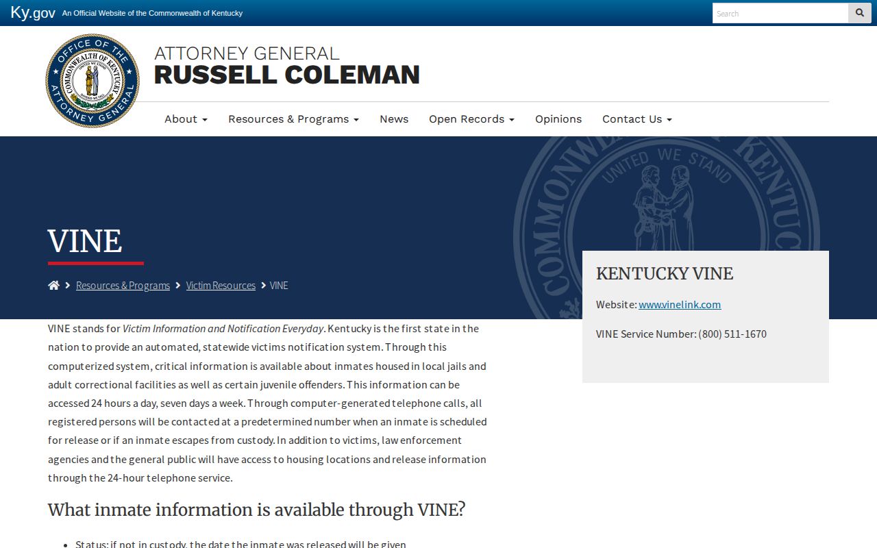 Kentucky VINE notification rules for Christian County release alerts